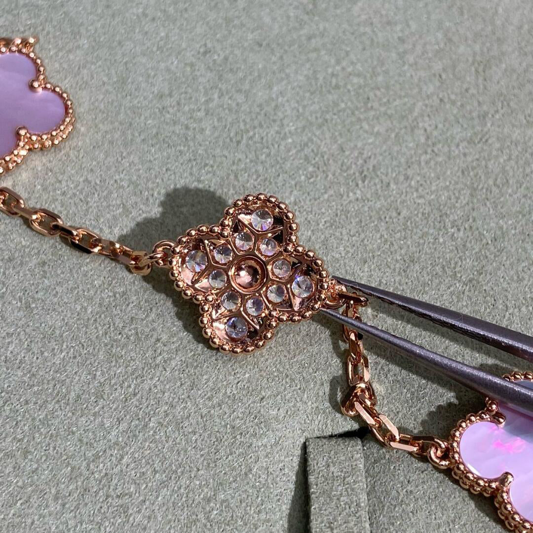 [Elite]CLOVER 10 MOTIFS DIAMOND PINK MOP NECKLACE