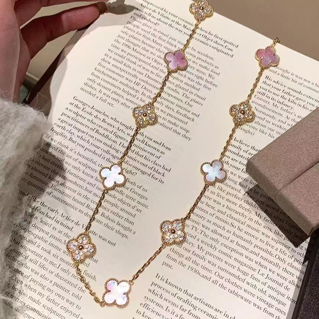 [Elite]CLOVER 10 MOTIFS DIAMOND PINK MOP NECKLACE