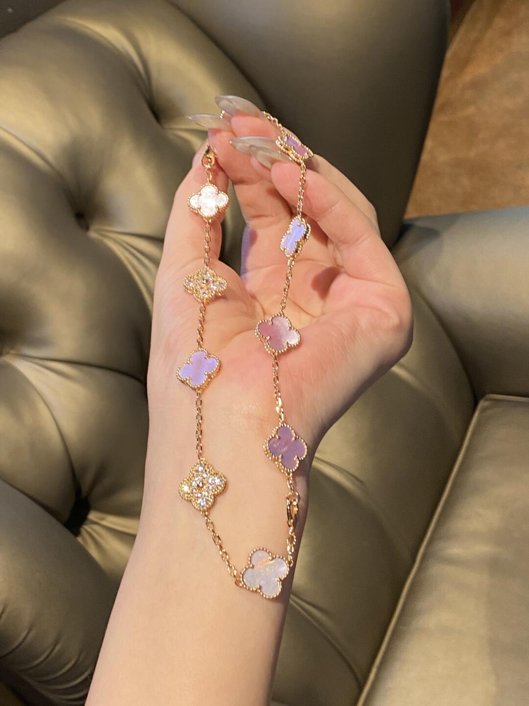[Elite]CLOVER 10 MOTIFS DIAMOND PINK MOP NECKLACE