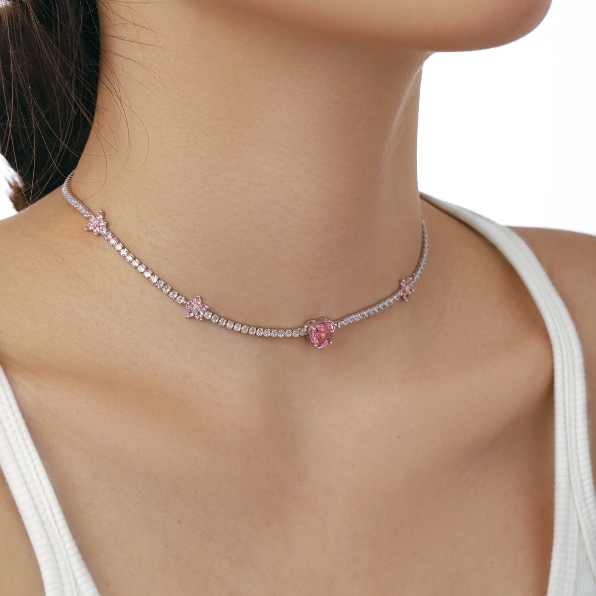 [Elite]Dazzling Pink Heart Flower Necklace