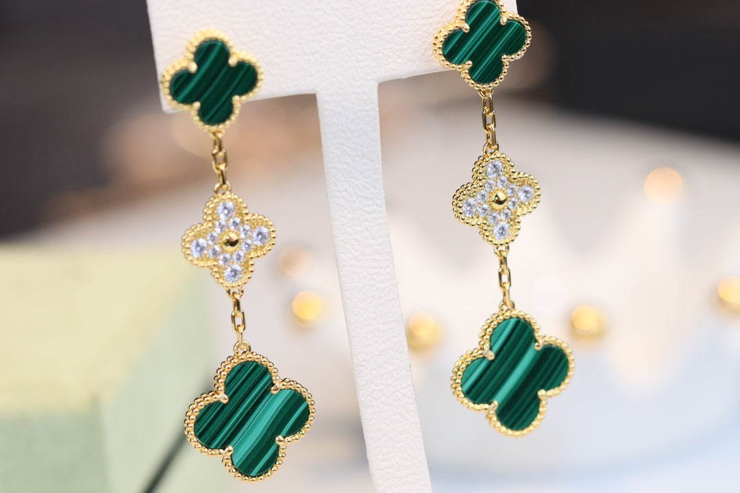 [Elite]CLOVER EARRINGS GOLD MALACHITE DIAMOND 3 MOTIF