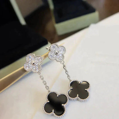 [Elite]CLOVER 2 MOTIFS  DIAMOND ONYX EARRINGS SILVER
