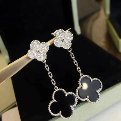 [Elite]CLOVER 2 MOTIFS  DIAMOND ONYX EARRINGS SILVER