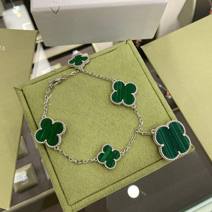 [Elite]CLOVER 5 MOTIFS SIVLER MALACHITE BRACELET