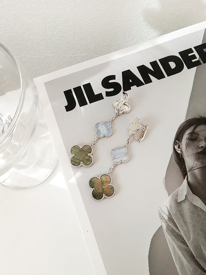 [Elite]CLOVER 3 MOTIFS CHALCEDONY DARK MOP SILVER EARRINGS