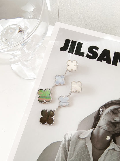 [Elite]CLOVER 3 MOTIFS CHALCEDONY DARK MOP SILVER EARRINGS