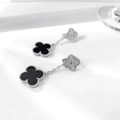 [Elite]CLOVER 2 MOTIFS  DIAMOND ONYX EARRINGS SILVER