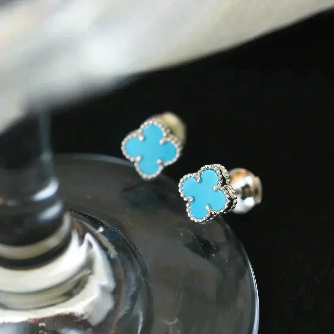 [Elite]CLOVER MINI 9.5MM ONYX STUD EARRINGS SILVER