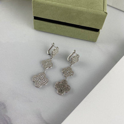 [Elite]CLOVER 3 MOTIF DIAMOND SILVER DROP EARRINGS