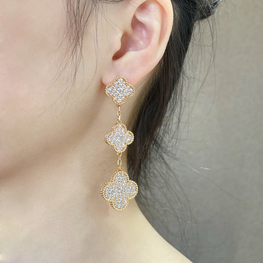 [Elite]CLOVER 3 MOTIFS DIAMOND PAVED ROSE GOLD EARRINGS