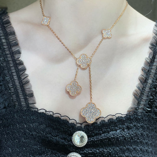 [Elite]CLOVER 6 MOTIF DIAMOND PAVED NECKLACE