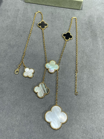 [Elite]CLOVER 6 MOTIF MOP ONYX GOLD NECKLACE