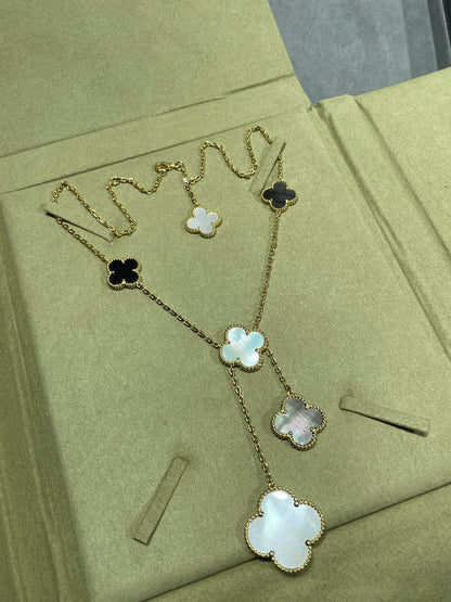 [Elite]CLOVER 6 MOTIF MOP ONYX GOLD NECKLACE