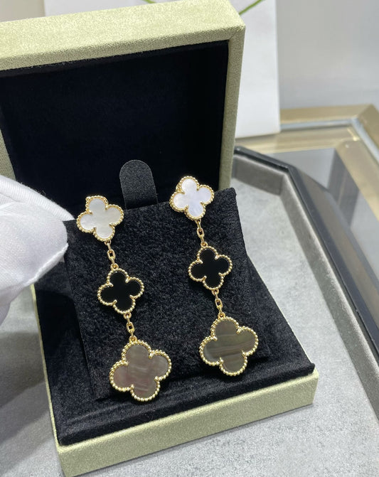 [Elite]CLOVER 3 MOTIF MOP ONYX DARK MOP PINK GOLD EARRINGS