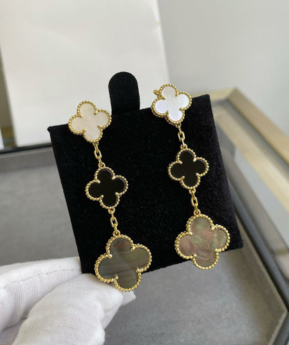 [Elite]CLOVER 3 MOTIF MOP ONYX DARK MOP PINK GOLD EARRINGS