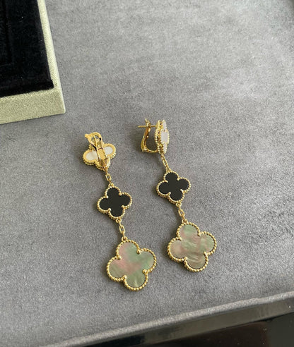 [Elite]CLOVER 3 MOTIF MOP ONYX DARK MOP PINK GOLD EARRINGS