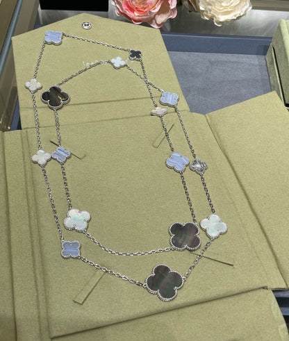 [Elite]CLOVER 16 MOTIF CHALCEDONY MOP SILVER NECKLACE