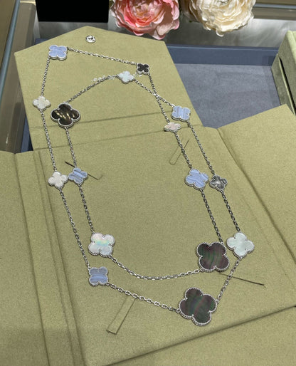[Elite]CLOVER 16 MOTIF CHALCEDONY MOP SILVER NECKLACE