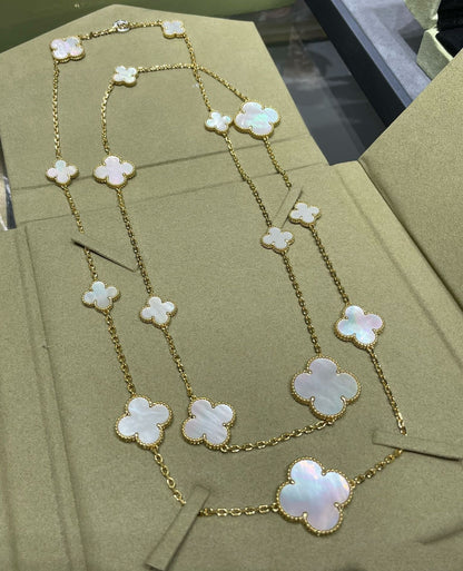 [Elite]CLOVER 16 MOTIF WHITE MOP GOLD NECKLACE