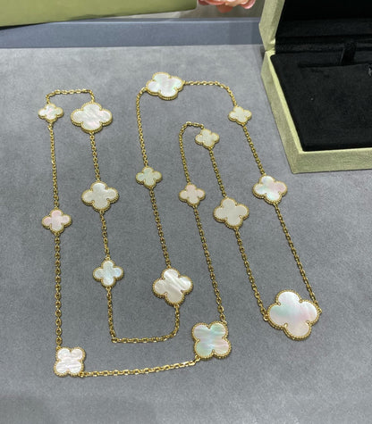 [Elite]CLOVER 16 MOTIF WHITE MOP GOLD NECKLACE