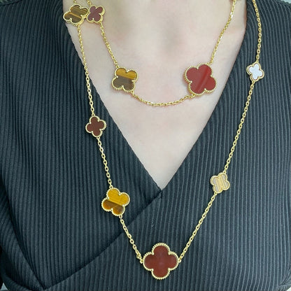 [Elite]CLOVER 16 MOTIF CARNELIAN TIGER EYE ROSE GOLD NECKLACE