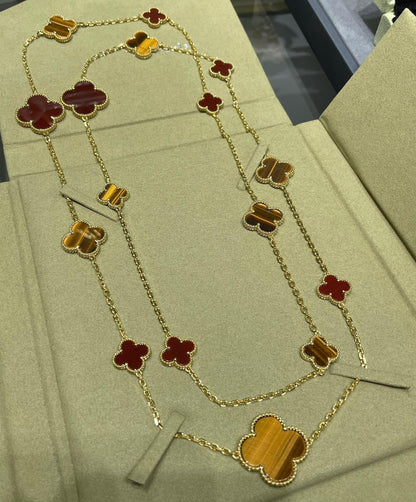 [Elite]CLOVER 16 MOTIF CARNELIAN TIGER EYE ROSE GOLD NECKLACE