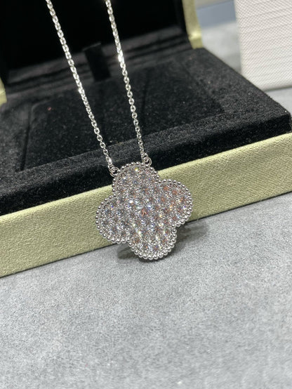 [Elite]CLOVER 25MM LARGE PENDANT DIAMOND PAVED SILVER NECKLACE
