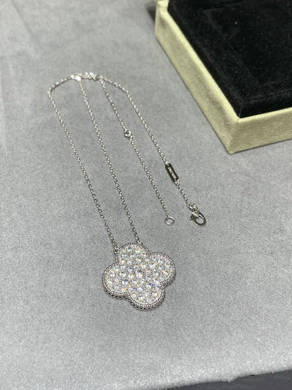 [Elite]CLOVER 25MM LARGE PENDANT DIAMOND PAVED SILVER NECKLACE
