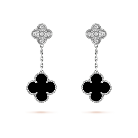 [Elite]CLOVER 2 MOTIFS  DIAMOND ONYX EARRINGS SILVER