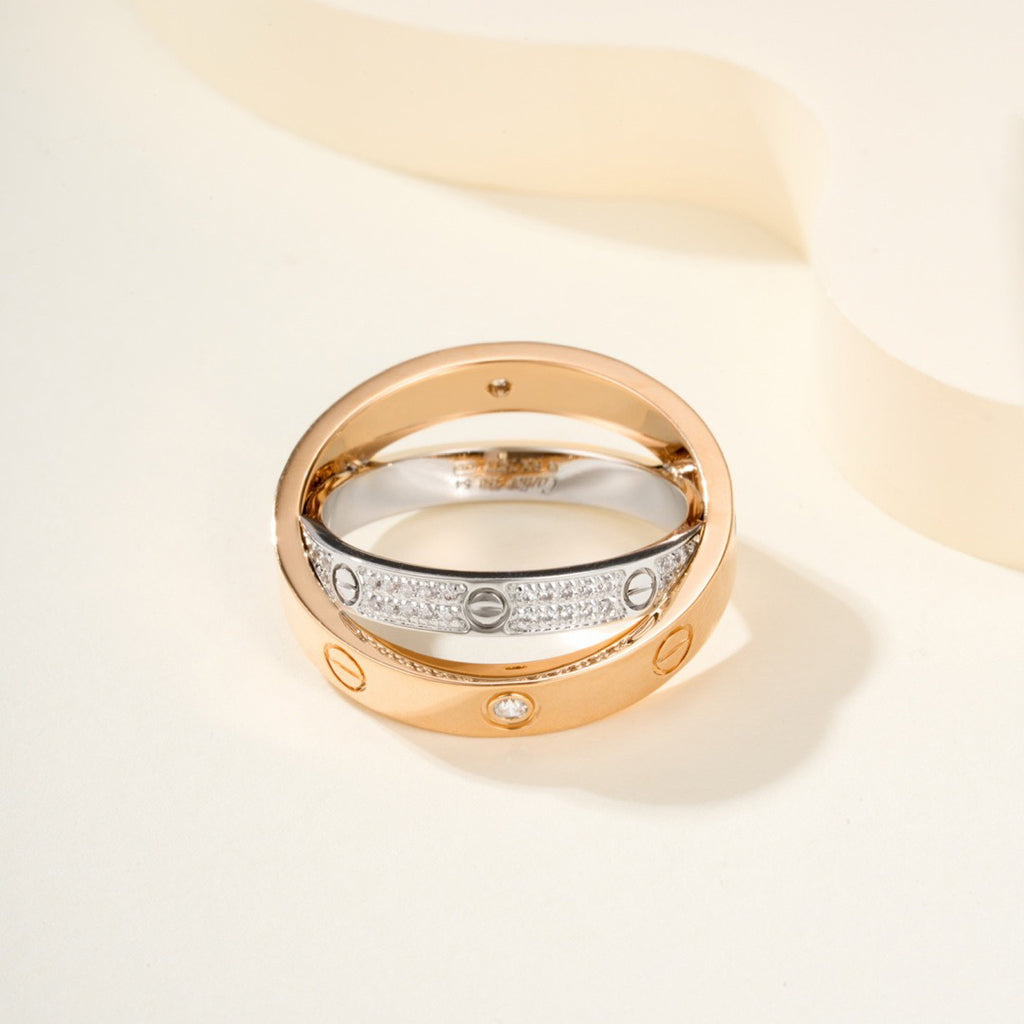 [Elite]LOVE PINK GOLD SILVER DIAMOND DOUBLE RING