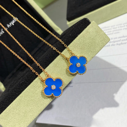 [Elite]CLOVER 15MM DIAMOND AND BLUE AGATE NECKLACE