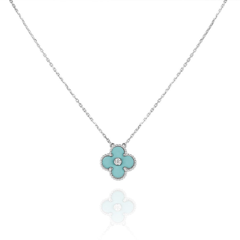 [Elite]CLOVER 1 DIAMOND LIGHT BLUE SILVER NECKLACE