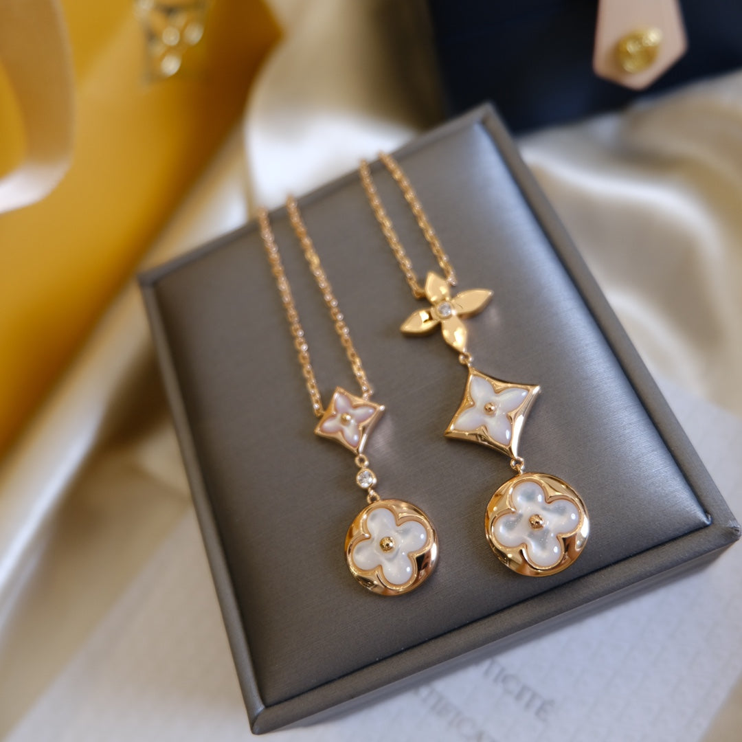[Elite]COLOR BLOSSOM LARIAT NECKLACE PINK GOLD WHITE MOTHER PEARL AND DIAMOND