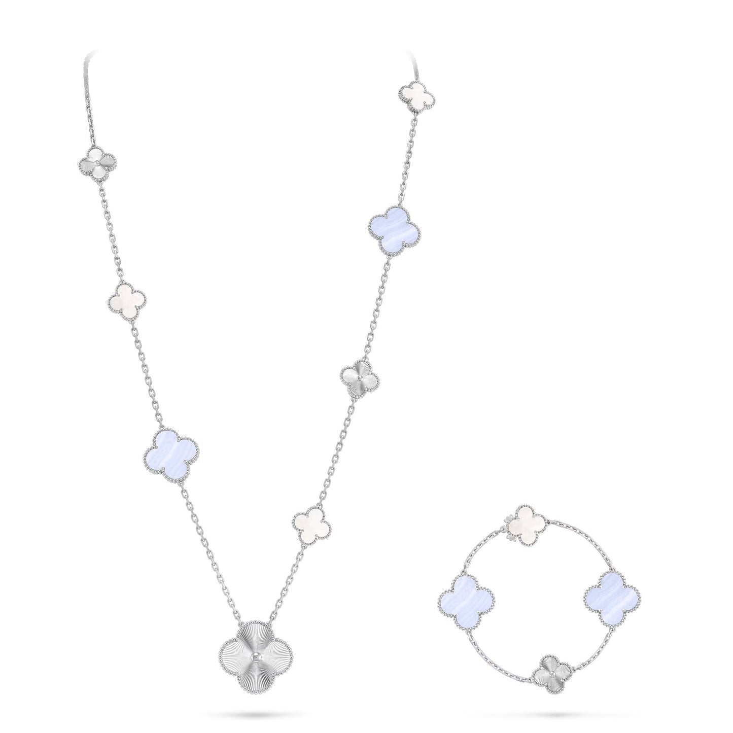 [Elite]DETACHABLE CLOVER 15(11+4) FLOWER SILVER NECKLACE SET