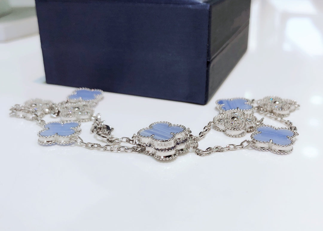 [Elite]CLOVER 10 MOTIFS CHALCEDONY DIAMONDS SILVER NECKLACE