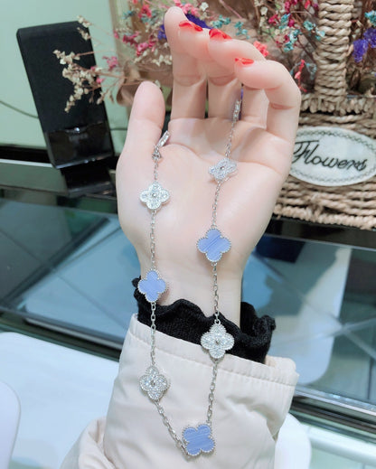 [Elite]CLOVER 10 MOTIFS CHALCEDONY DIAMONDS SILVER NECKLACE